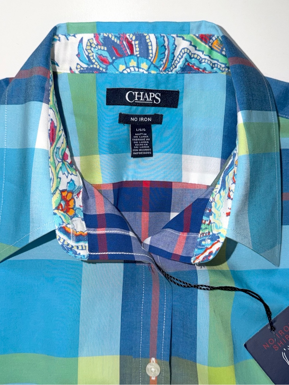 Chaps NO IRON Button Up Shirt Blue Plaid Top 3/4 Sleeve Women Sz Large ~ NWT - Picture 4 of 11